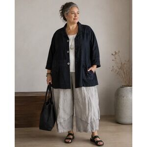Fenini Patchwork Lagenlook Boho Long Sleeve Collared Button Jacket Black 1X